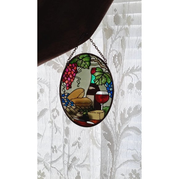 Wine🍷 and Cheese🧀 Handpainted Glass Suncatcher☀ by Joan Baker Designs ✨ - Picture 5 of 5